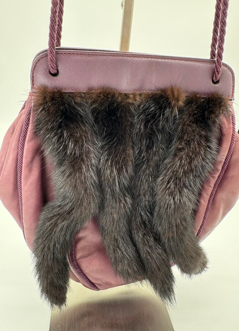 Rare Vintage Prada Plum Mink Fur-Trimmed Shoulder Bag with Tassels